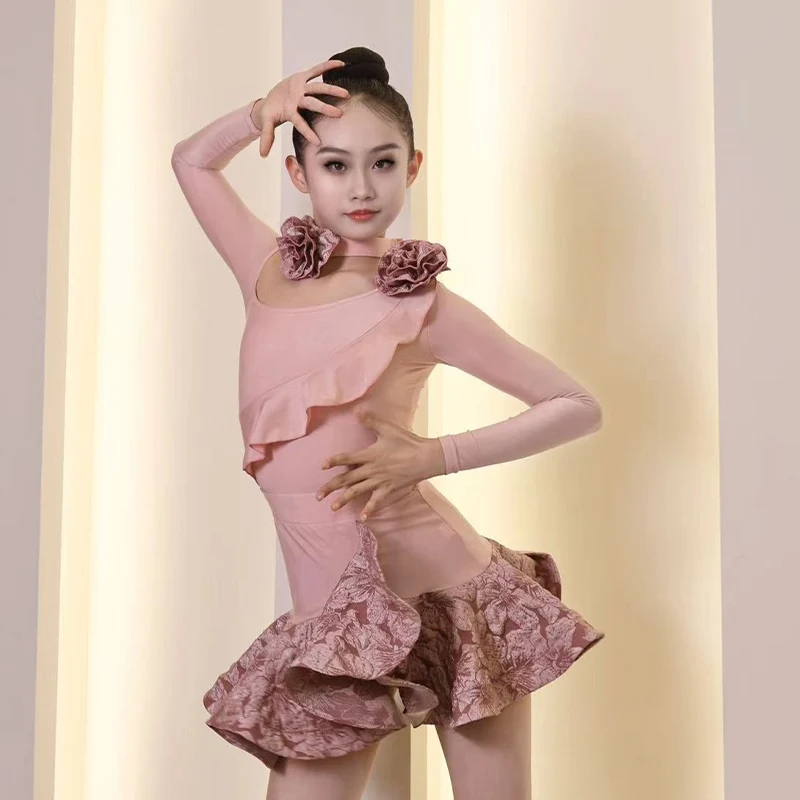 5 Colors Long Sleeved Ballroom Dance Competition Dresses Girls Chacha Samba Latin Dance Costume Stage Performance Wear SL11150