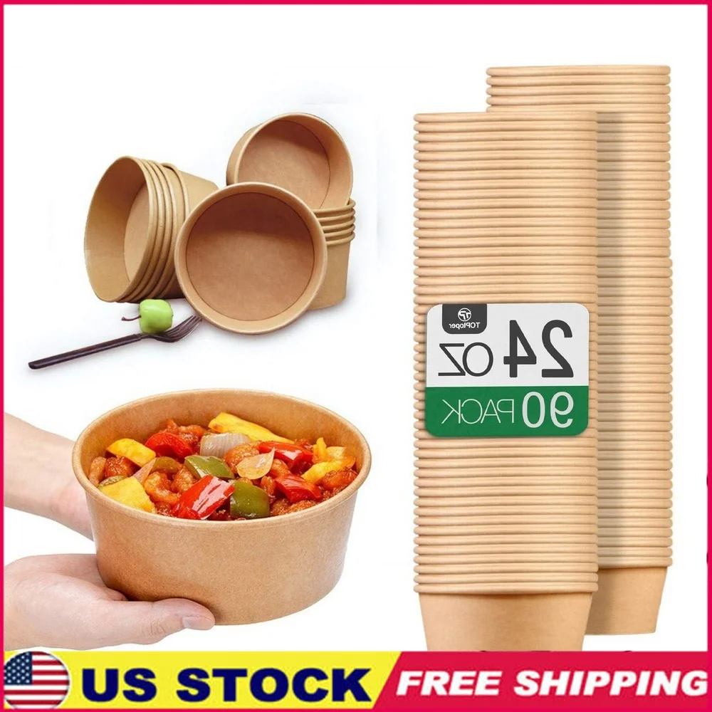 

90 Pack 24 Oz Kraft Paper Bowls Disposable Hot Cold Food Serving Party Supplies No Lid