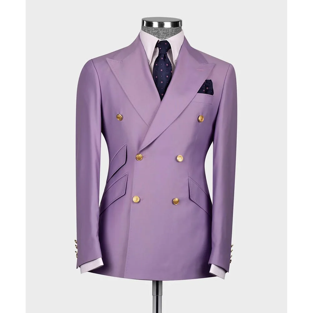 

Elegant Purple Men Suits Double Breasted Peak Lapel Male Clothing Luxury Wedding Groom 2 Piece Jacket Pants Sets Full Set Terno