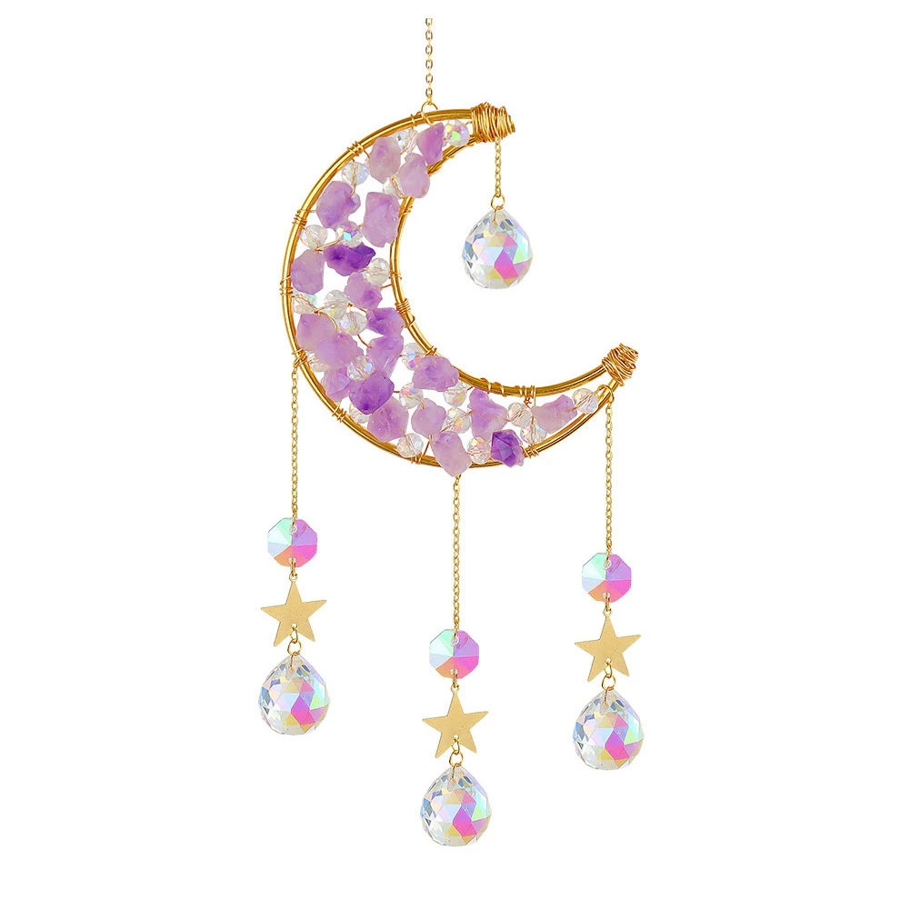 Crystal Pendant Hanging Curtain Windchimes Sun Light Catcher Star Moon Pendant Rainbow Wind Chime for Outdoor Garden -C