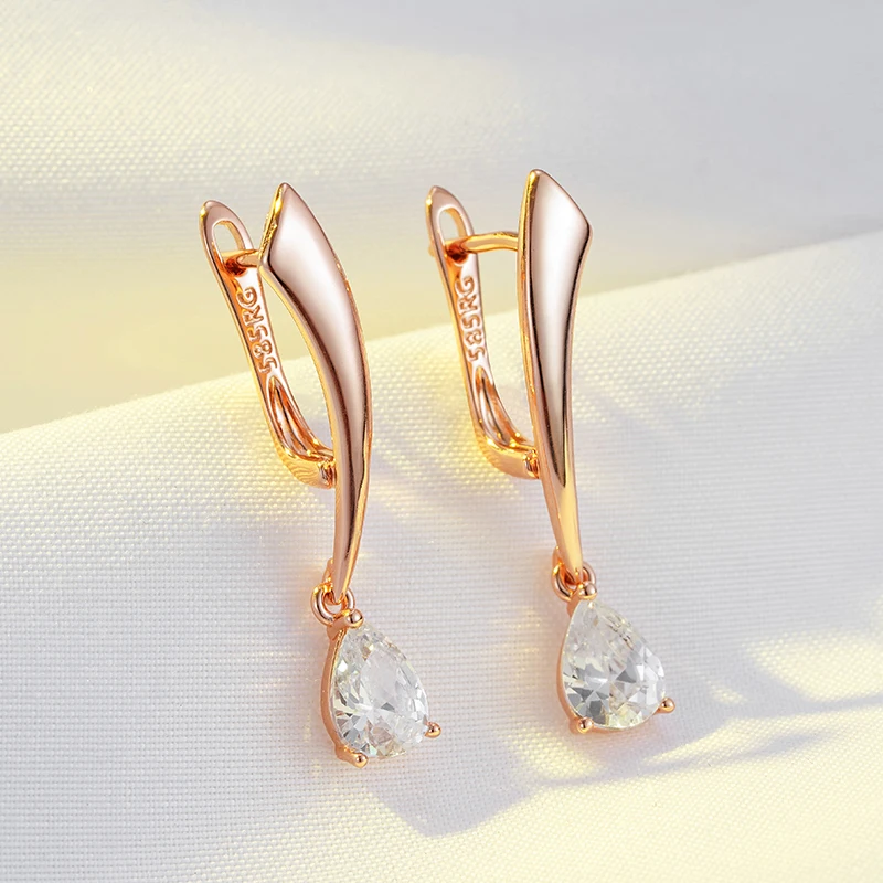 Wbmqda 585 Rose Gold Color Drop Shape Natural Zircon Dangle Earrings For Women New Fashion Desgin Party Wedding Fine Jewelry