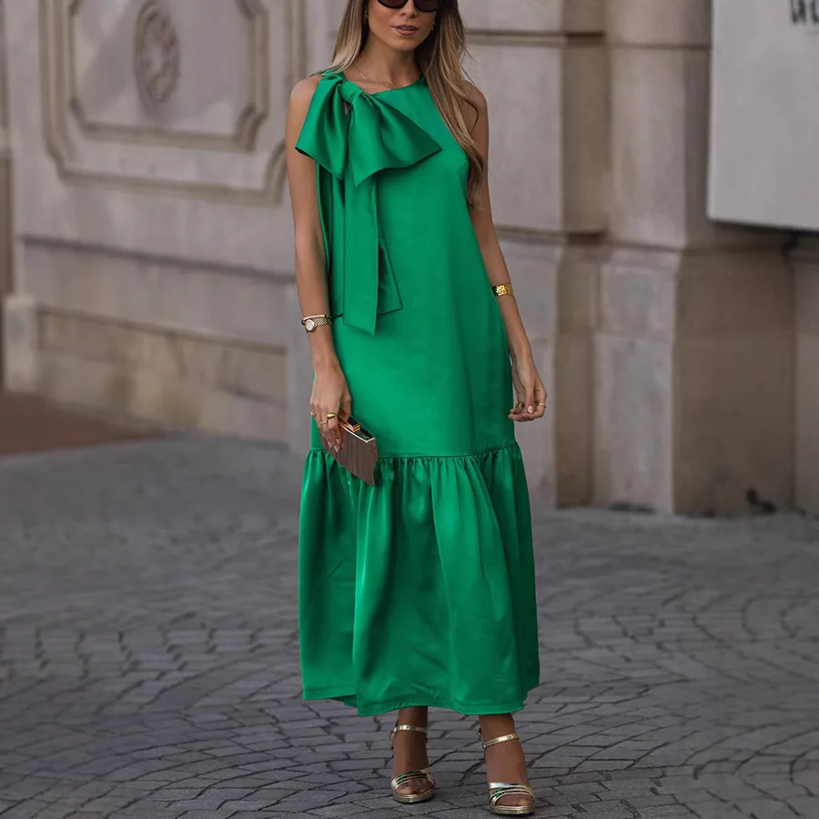 

Independent Website Amazon European American Women's Clothing Cross-Border Solid Color Sleeveless Dress With Bow Decoration,