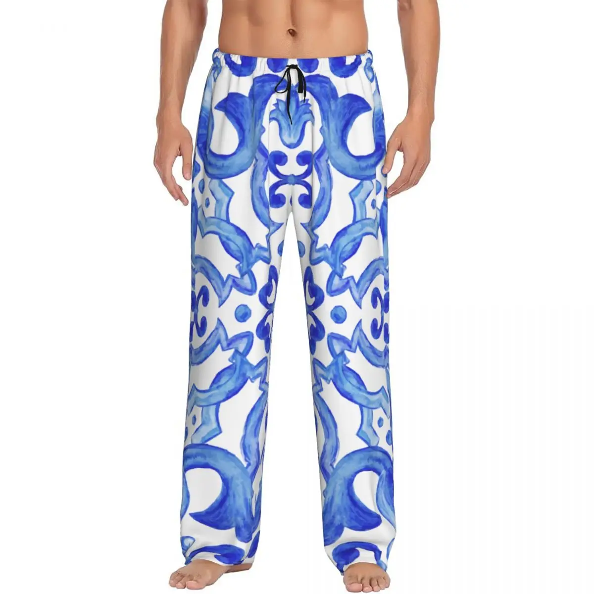 Custom Printed Men's Pajama Pants Oriental Tile In Shades Of Indigo Blue Color Sleepwear Sleep Lounge Bottoms with Pockets