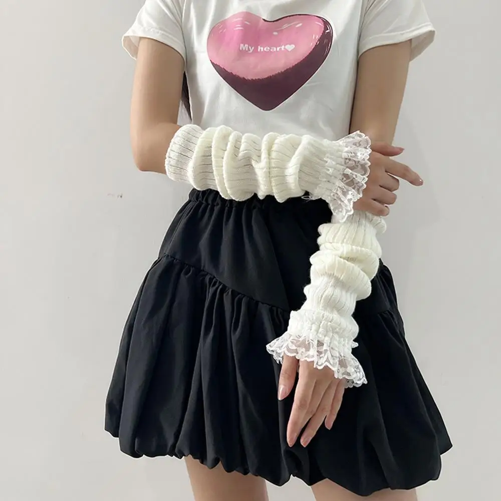 ถุงมือไหมพรมแขนยาวแบบกอธิค แต่งลูกไม้ระบาย ปลายแขนถักแบบยาว ถุงมือไหมพรมแบบไม่มีนิ้ว อุ่นสำหรับขี่มอเตอร์ไซค์ ถุงมือผู้หญิงสำหรับฤดูหนาว ปลอกแขนผู้หญิง