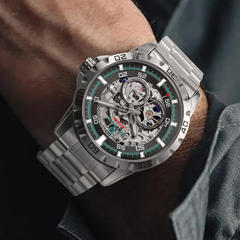 GLENAW New Classic Skeleton Mechanical Watch For Men Luminous Hands Waterproof Stainless Steel Strap Business Automatic Watches