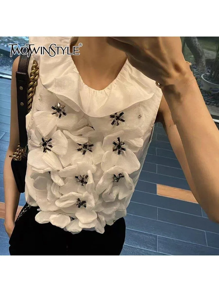 

TWOTWINSTYLE Solid Slimming Spliced Appliques Vests For Women Round Neck Sleeveless Patchwork Single Breasted Vest Female New