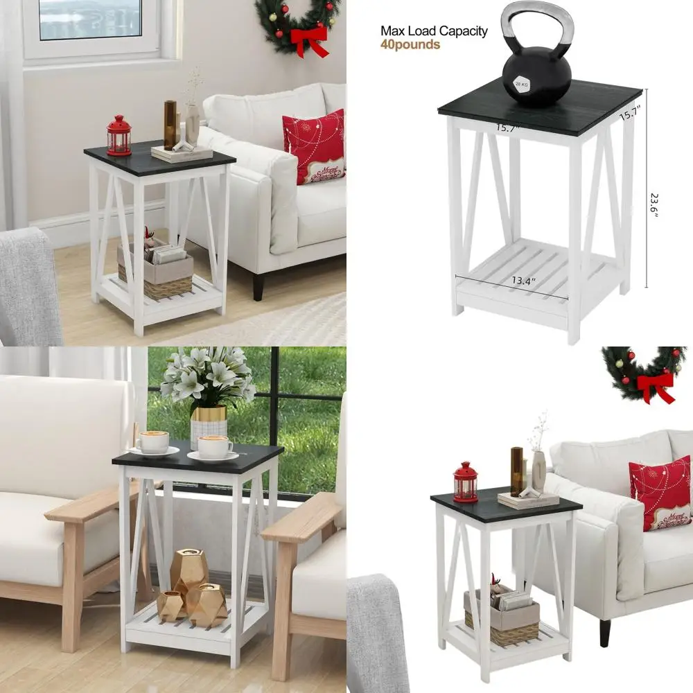 

Oak Black Farmhouse Style Accent Table with Slat Design for Living Room Sofa Side