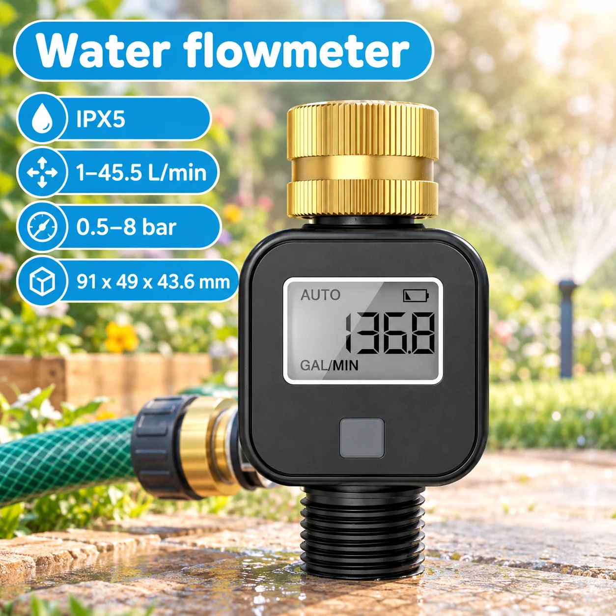 Brass Inlet Water Flow Meter Timer IPX5 Waterproof LCD Display Recorder for Garden Irrigation System Controller
