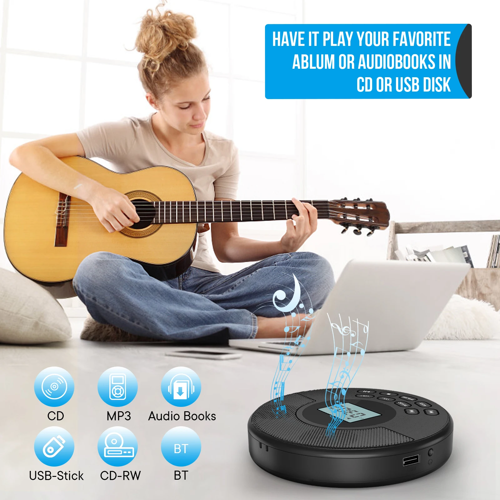 Portable CD Walkman with Bluetooth Transmitting CD Player Portable with Speakers and Earbuds Discman Rechargeable with USB