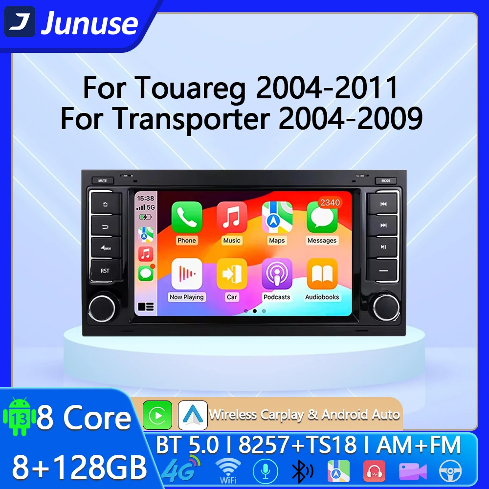 Junuse Carplay Android 13 Radio for Volkswagen VW Touareg Multivan T5 Transporte 2004-2011 Car Multimedia Player Wireless GPS BT