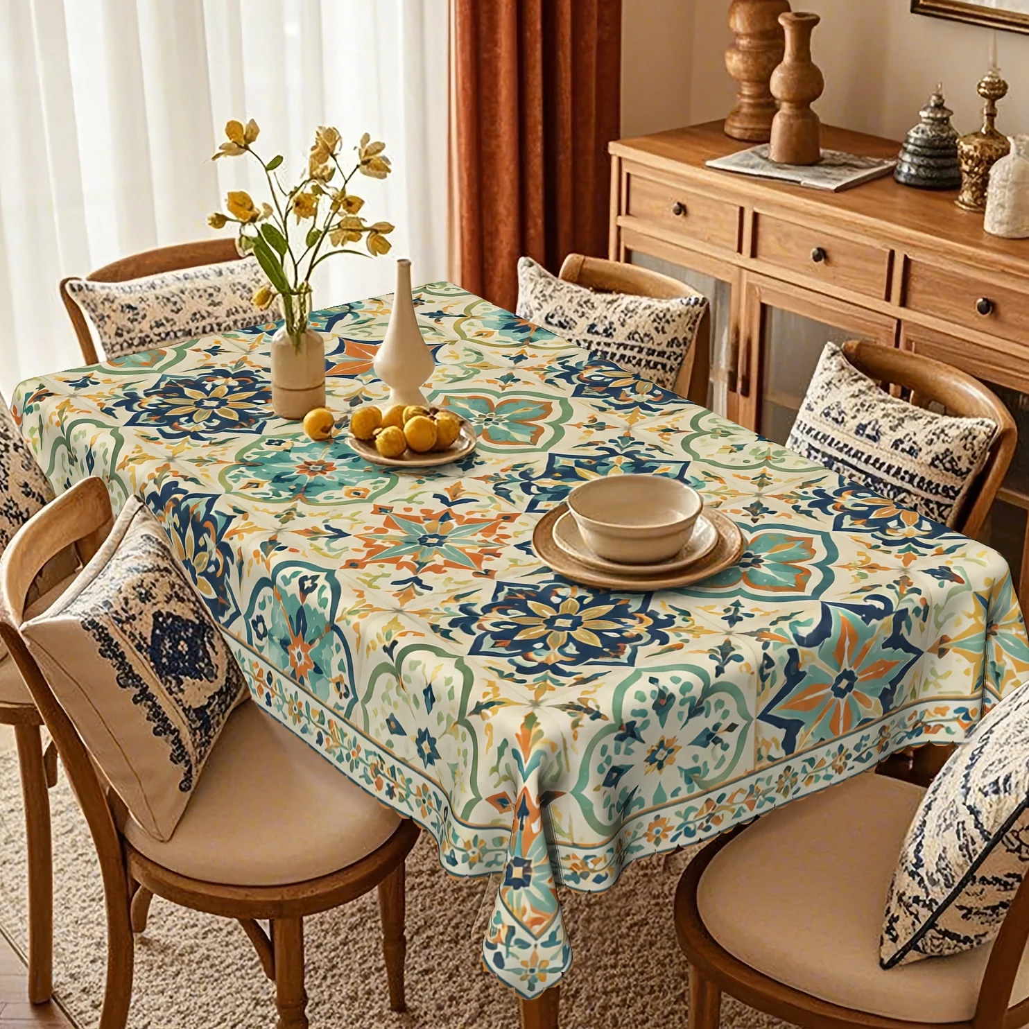 One piece of polyester tablecloth, Moroccan-style geometric floral pattern tablecloth, printed polyester fabric decoration