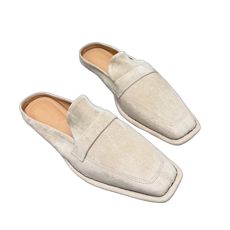

Withered French Fashion Ladies Minimalist Genuine Leather Flat-soled Slipper Shoes Closed-toe Half-slipper Mules Shoes Women