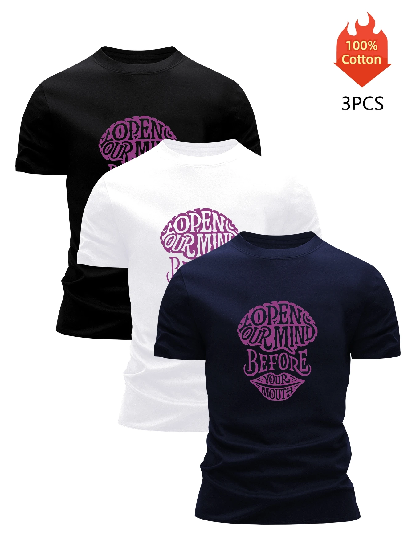 

3 Pack Printed T-Shirt Men's 100% Cotton Graphic Tees Funny Summer Blouse Casual Breathable Cool Luxury High Quality Clothing