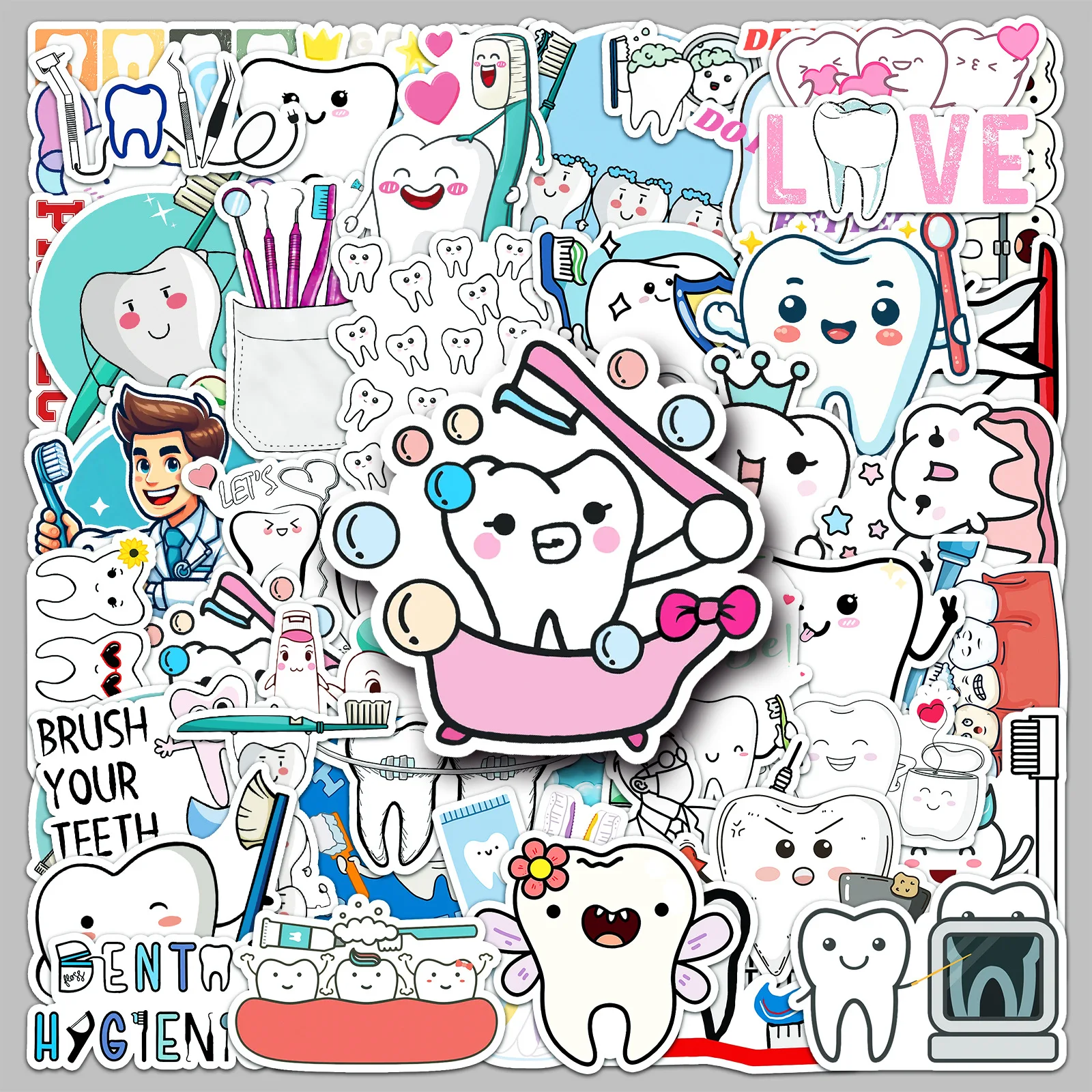 50pcs Cartoon Teeth Care Series Graffiti Stickers Suitable for Helmet Desktop Wall Decoration DIY Sticker Package Wholesale