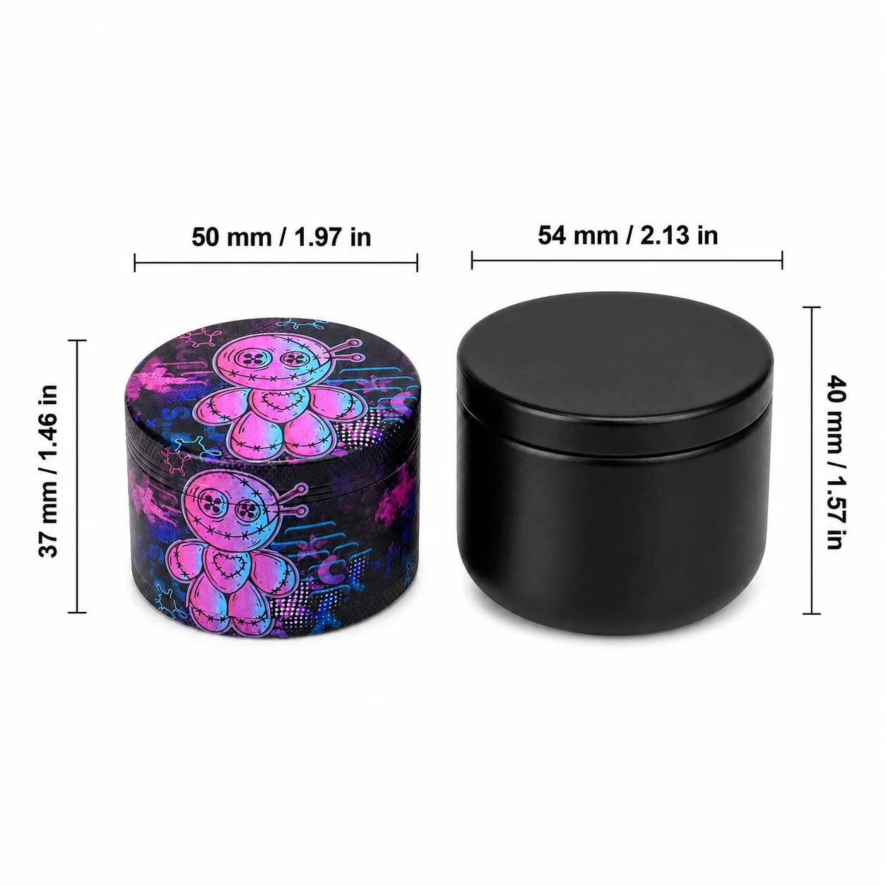 50mm Pink Stitched Doll Graffiti Zinc Alloy Round Herb Grinder 4 Layer Hand Operated Tobacco Mill with Black Storage Jar Set