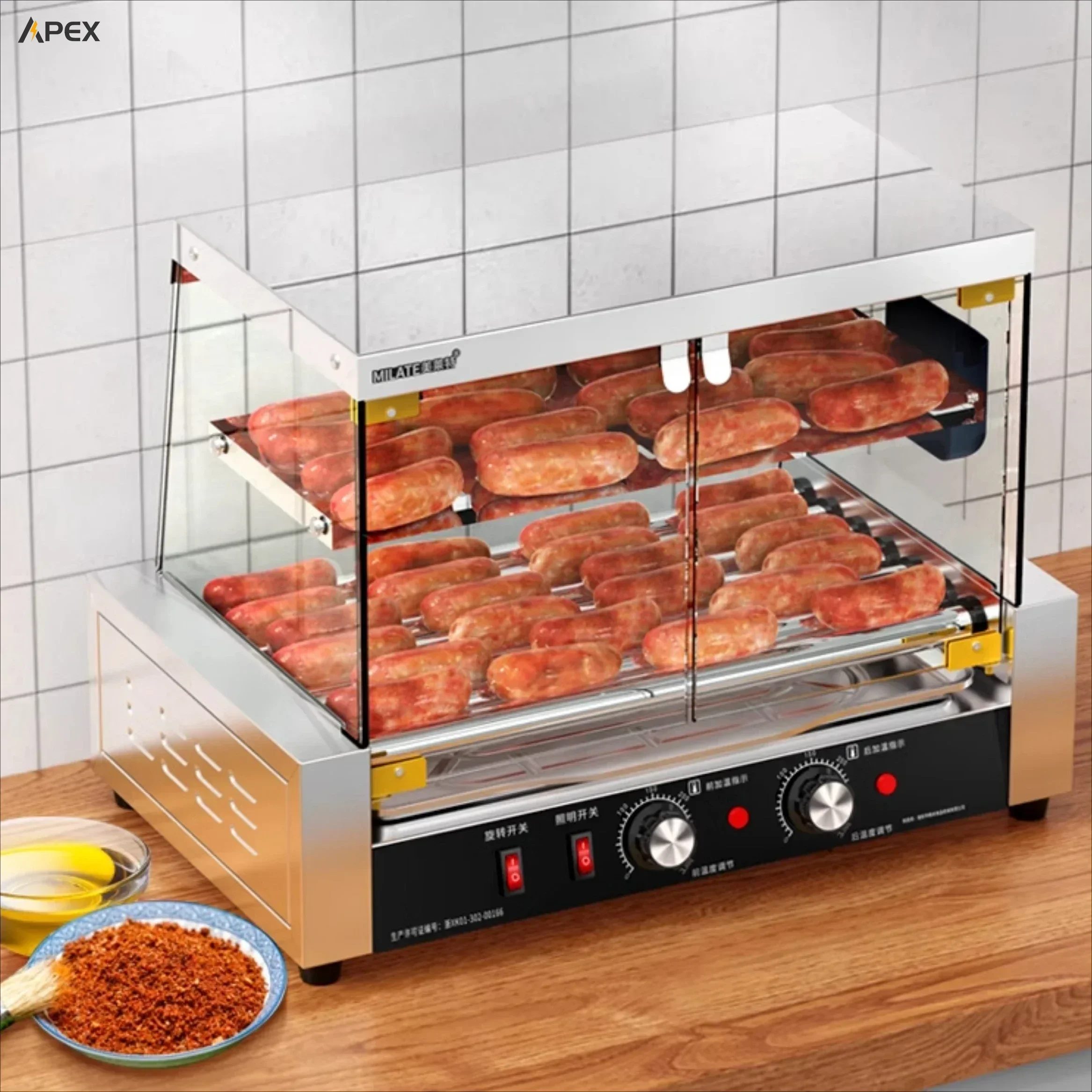 

Hot dog grilling machine. Fully automatic. Commercial. Gear sausage machine. Flat top can be placed. Small.