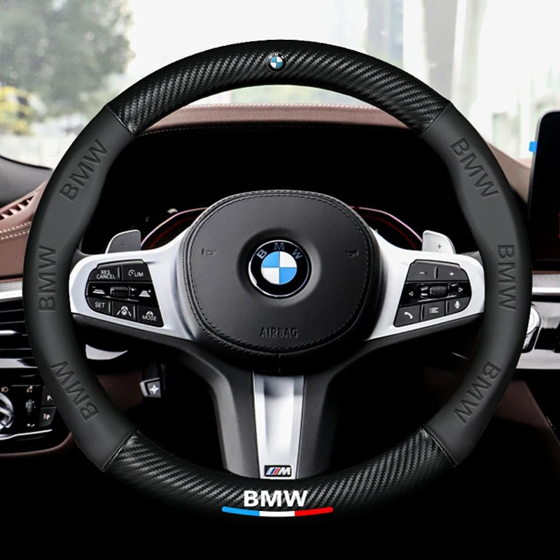 

38CM Carbon Fiber Leather Steering Wheel Cover Protector For BMW M X1 X3 X5 X6 G20 G30 E39 E46 E90 E92 Car Accessories Keychain