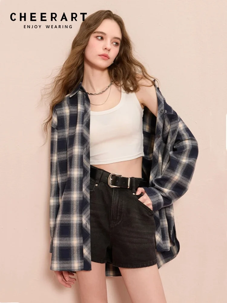 

CHEERART Plaid Long Sleeve Shirt Fall 2025 Fashion Woman Top Autumn Button Up Collared Shirt Classic Top And Blouses Clothing
