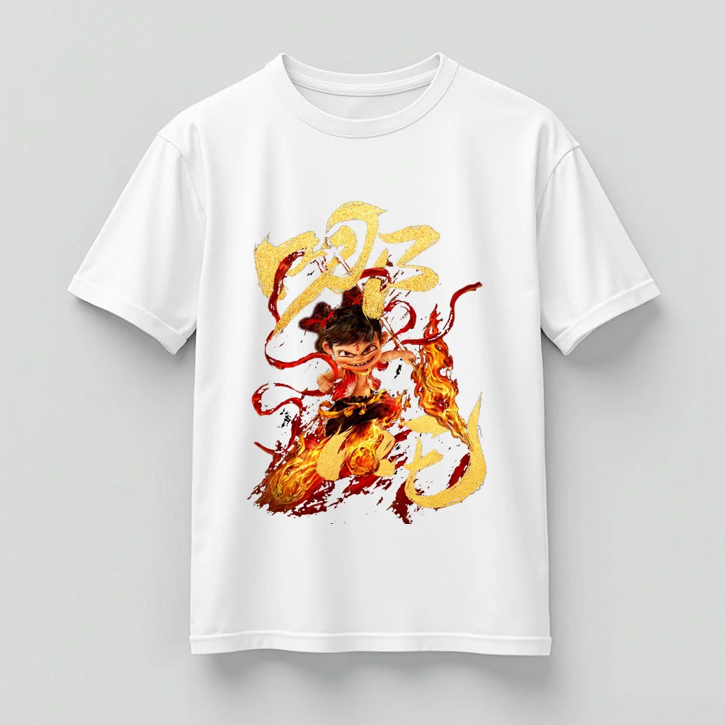 KJKJ Chinese movie Nezha mighty and brave image printed T-shirt,commemorative T-shirt,unisex,cotton top,Chinese style