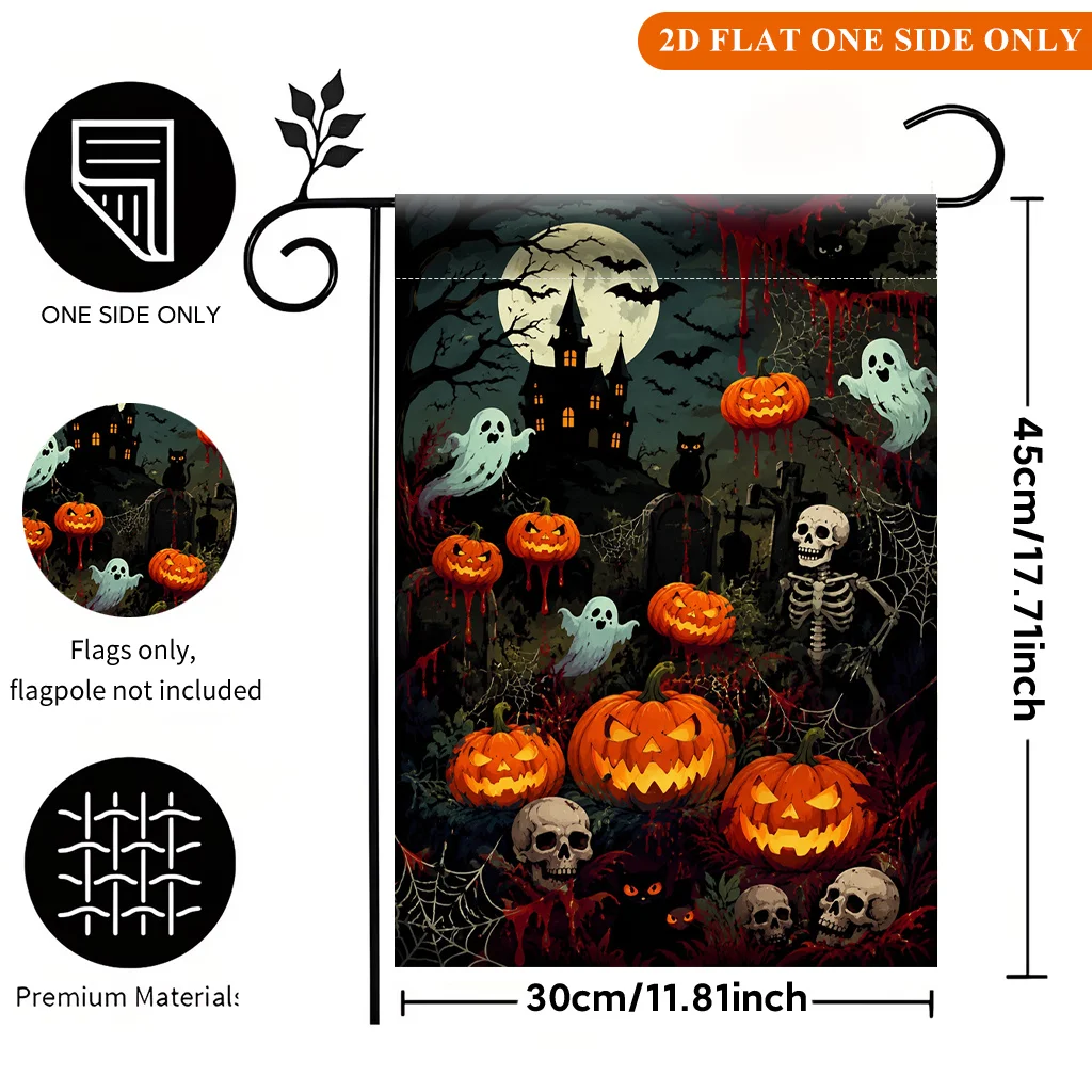2D Flat Garden Flag 1PC, Halloween Ghost Pumpkin Skull Black Cat, Durable Polyester Material, Single-sided Printing, Outdoor Garden Decoration, Suitable for Lawns, Gardens, Terraces, Celebration Flags, Flags Only Do Not Contain Flagpoles