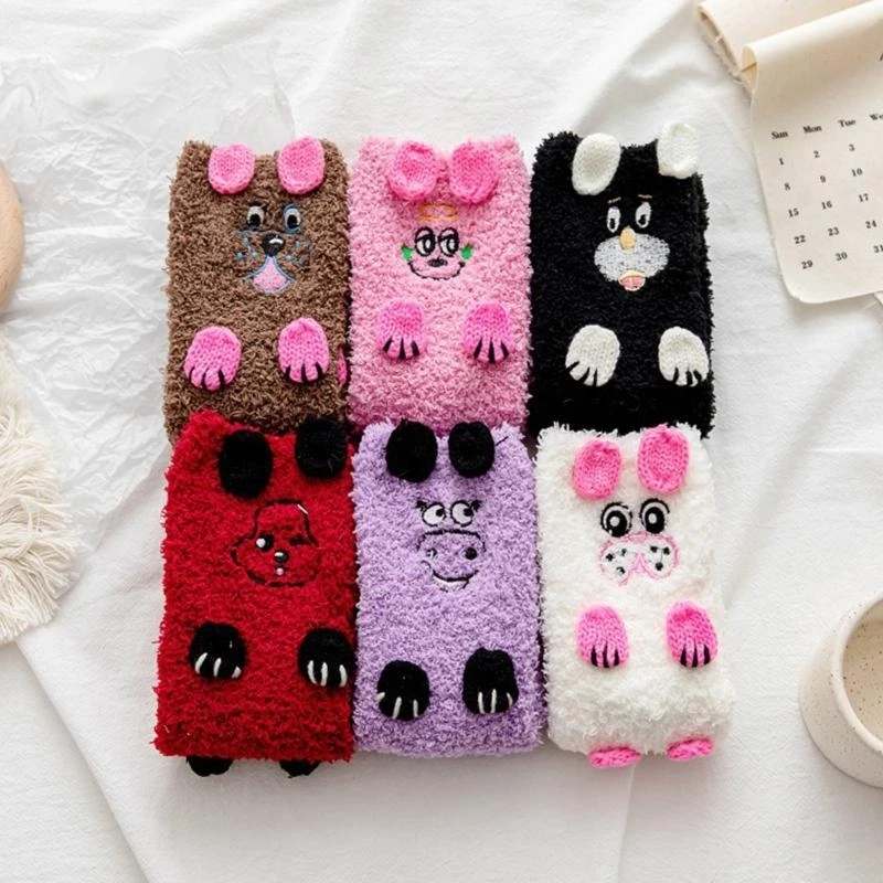 Vrouwen Winter Koraal Fluwelen Fuzzy Slipper Sokken met Grijpers Schattige Dieren Borduren Oren Poten Pluizige Antislip