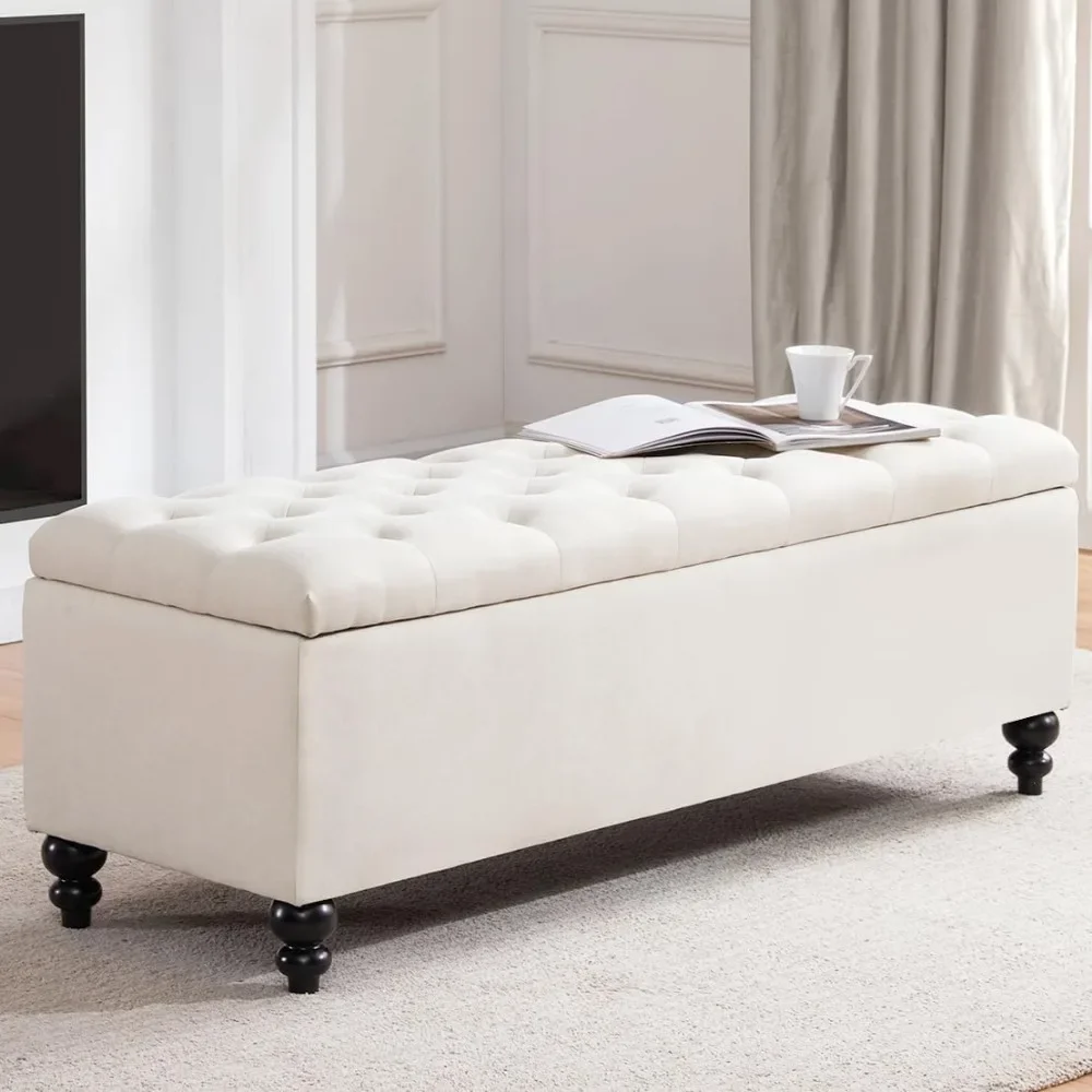 Soft Padded Ottoman with Button Tuft Storage Desk, 51 Inch Ottoman (ivory) for Bedroom and Living Room