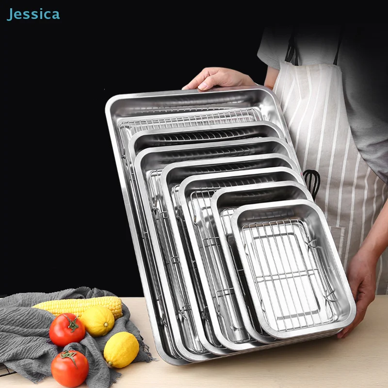 ♥ Juego de moldes para hornear de acero inoxidable con estantes | Hojas de galletas rectangulares de varios tamaños para hornear y asar en horno