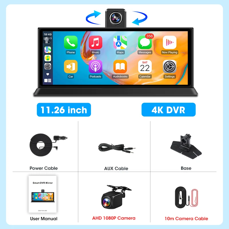 10.26/11.26 インチ 4K ダッシュカムワイヤレス Carplay Android