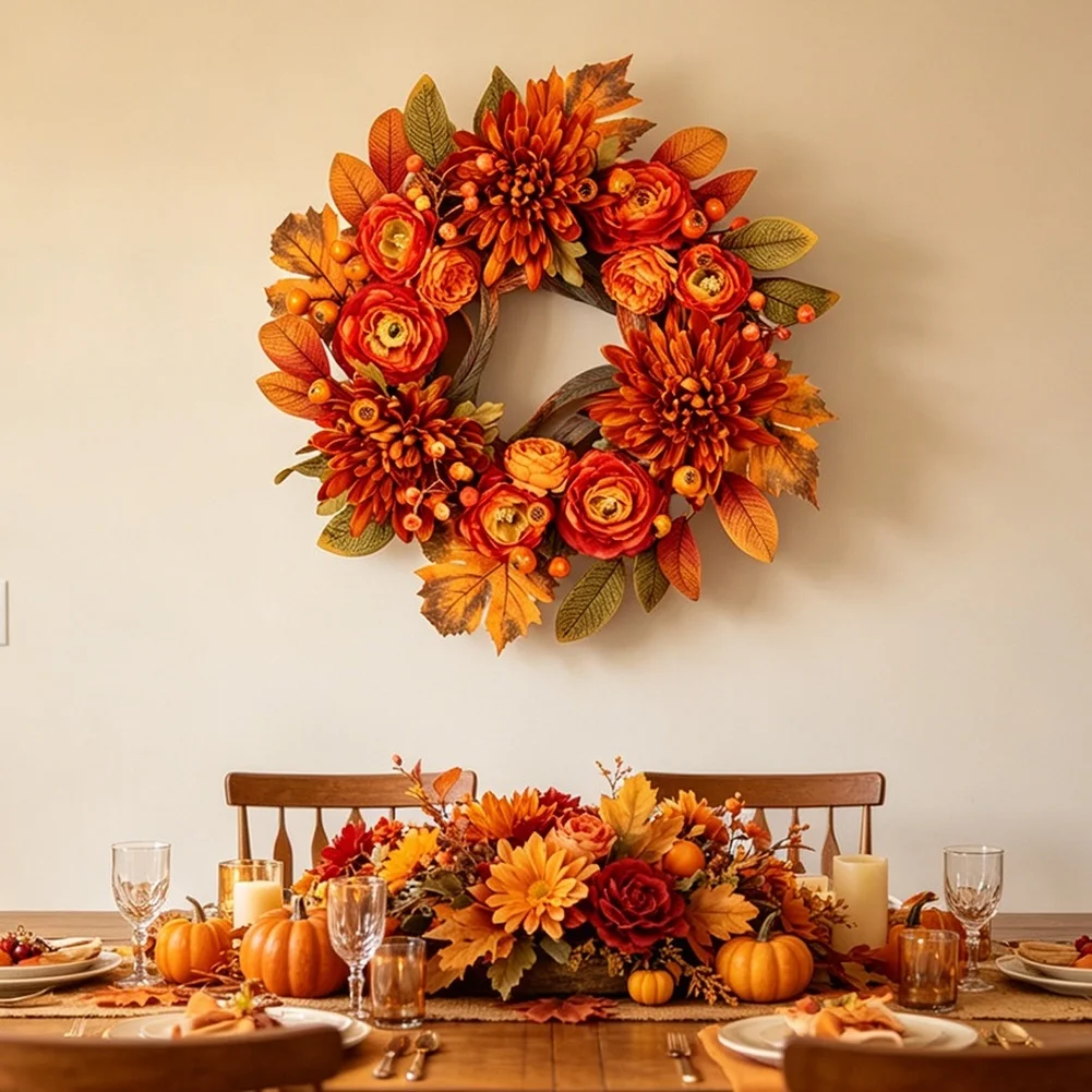 Autumn Wreath 19.8 Inch Artificial For Maple Leaves Chrysanthemums Berries Farmhouse Decor For Thanksgiving Door Wall Hanging Or