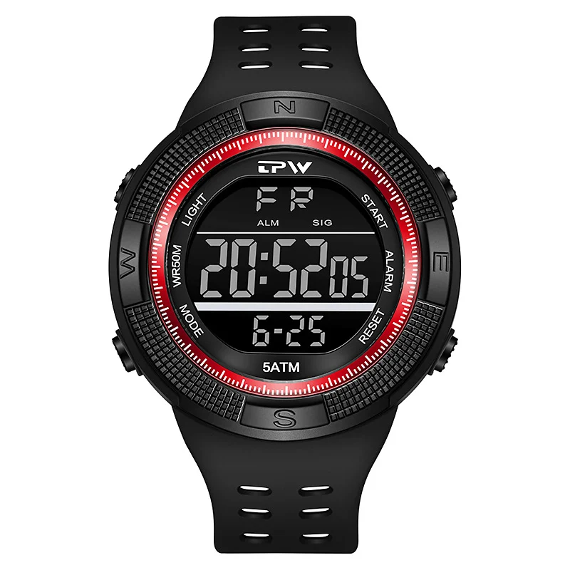 Men's Trendy Rubber Digital LED Display Sport Watch 5ATM Waterproof Electronic Plastic Wrist Watch with Alarm Clock Stopwatch