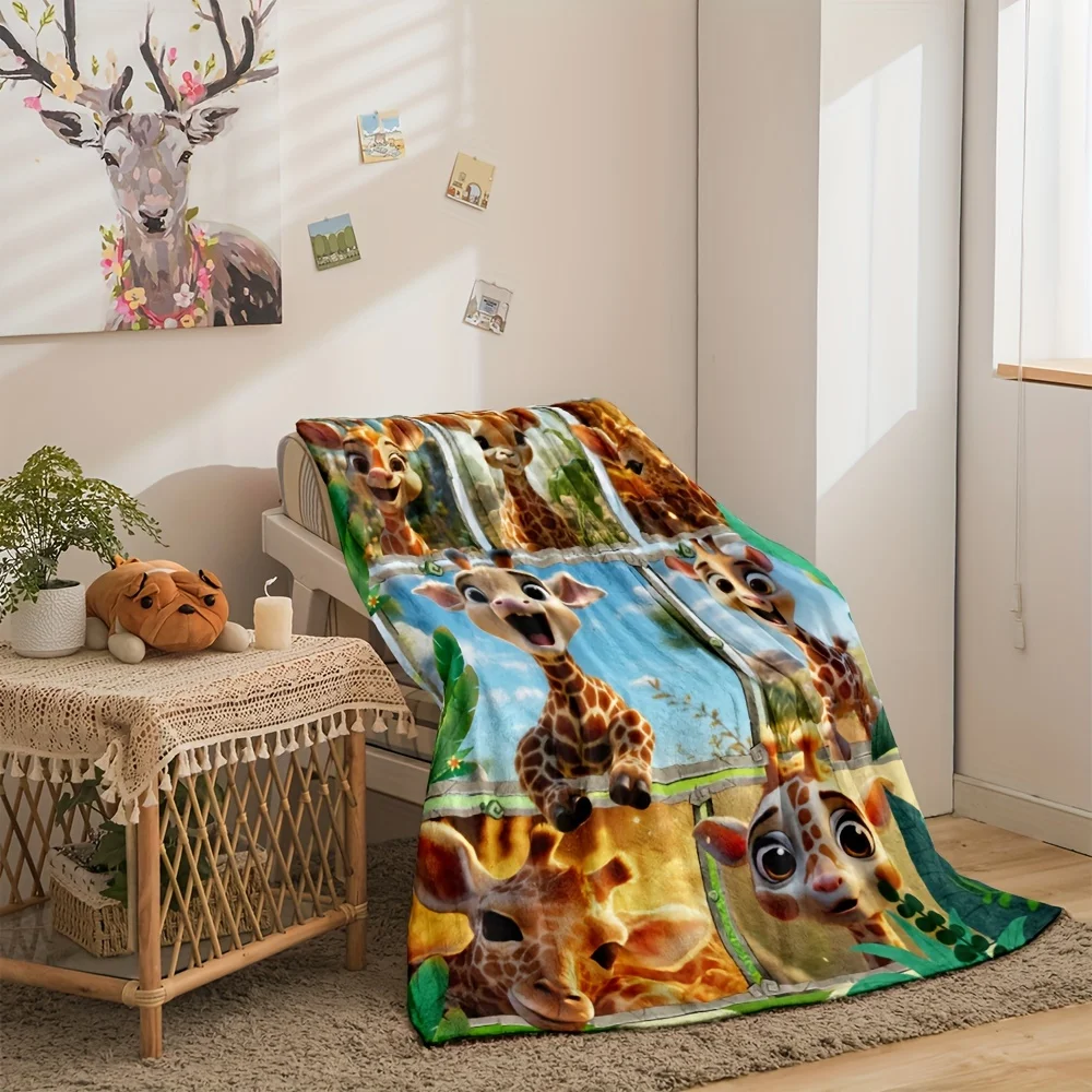 1pc Cozy 3D Cartoon Giraffe Green Leaf Splice Print Blanket-Lightweight Flannel Throw For Sofa, Bed, Livingroom, Office, Couch,