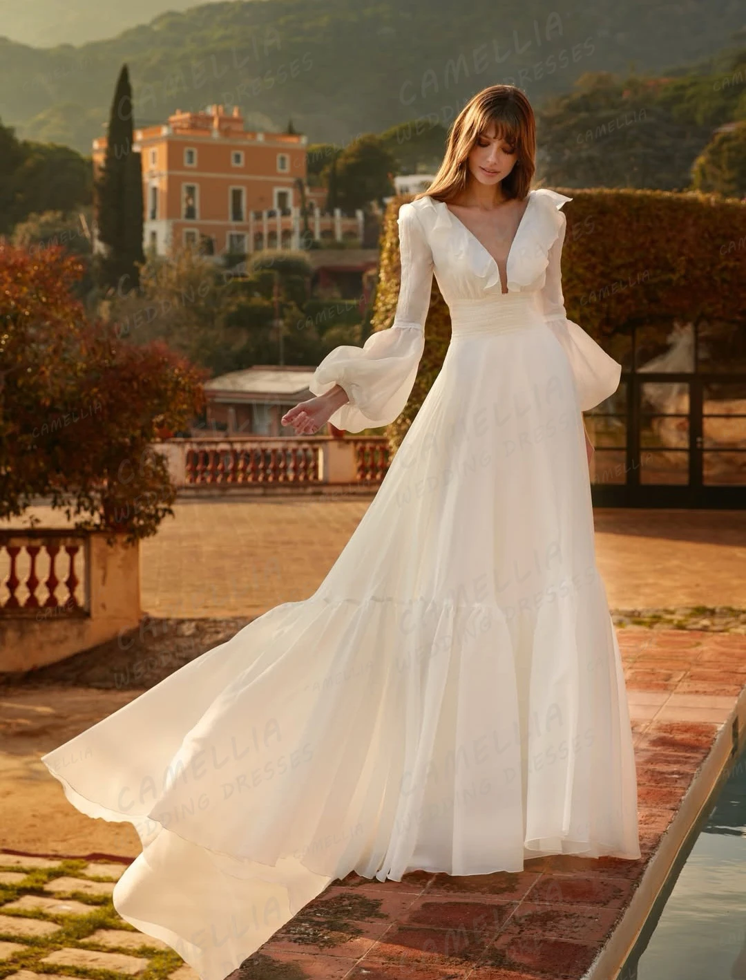

Luxury Soft Wedding Dresses A Line Woman's Sexy Deep V Neck Backless Long Sleeve Bride Gowns Formal Vestidos Noche Customized