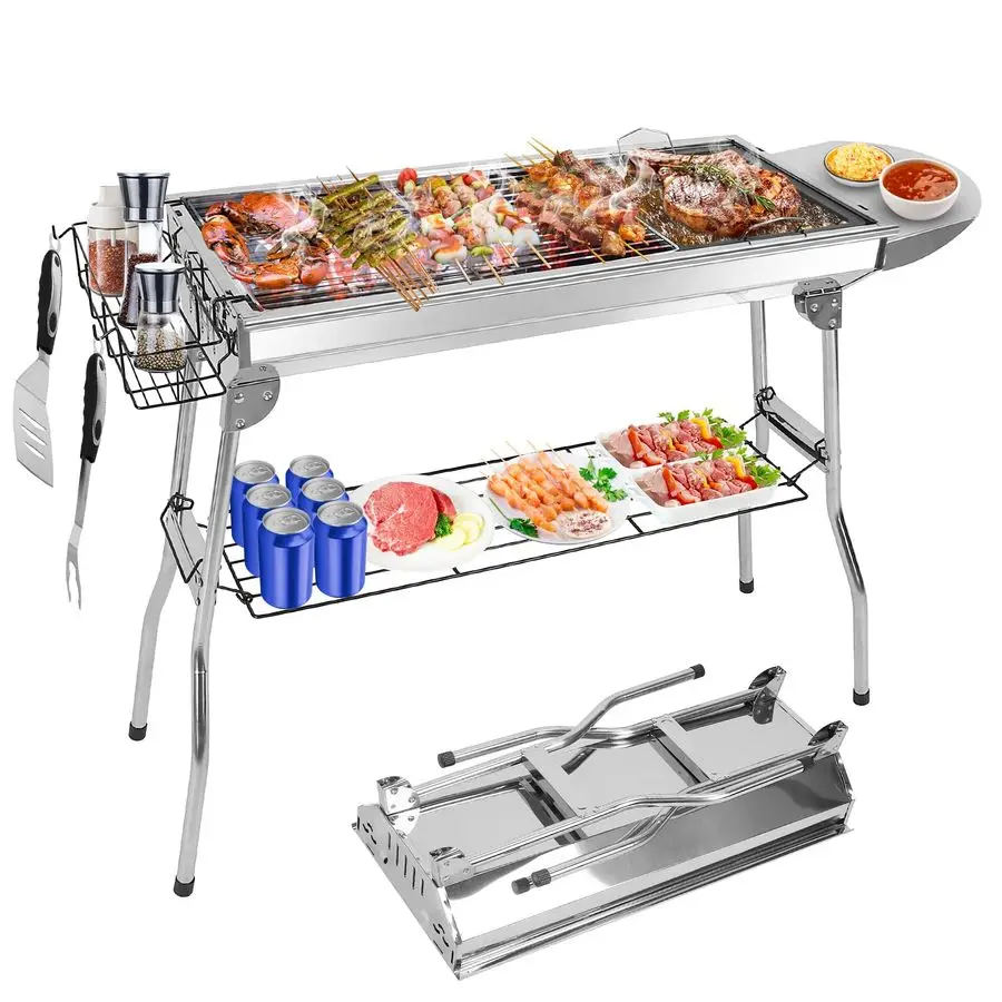 

Charcoal Grill, Large Stainless Steel Folding BBQ Grill with Storage Shelf, Foldable Barbecue Grill for Outdoor Cooking Camping