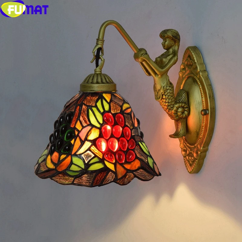 Tiffany Retro Mermaid Wall Lamp Vintage Stained Glass Grape Lampshade Wall Mounted Decor Sconce Indoor Bedroom LED Wall Light image 5