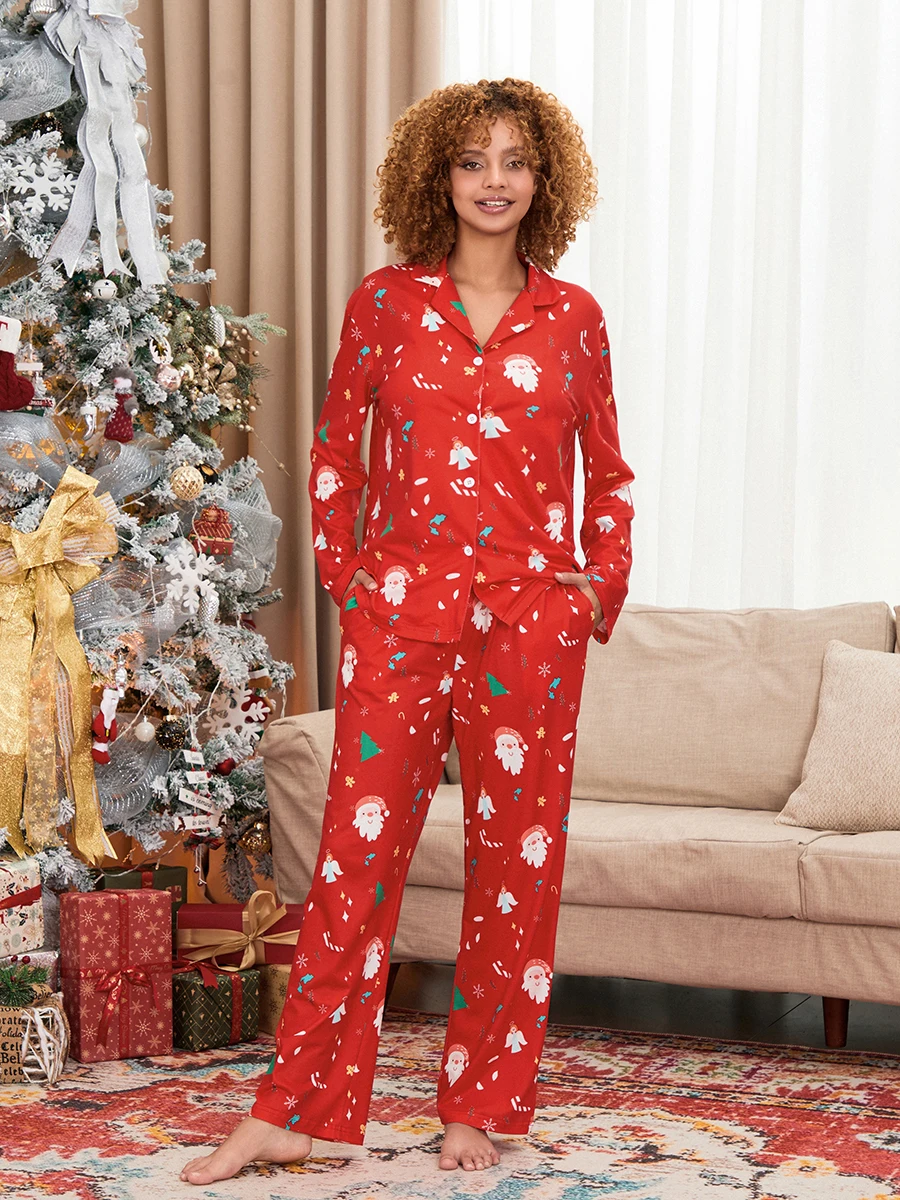 Women\'s Christmas Pajamas Set Santa Claus Print Long Sleeve Lapel Button Tops with Elastic Waist Long Pants Loungewear