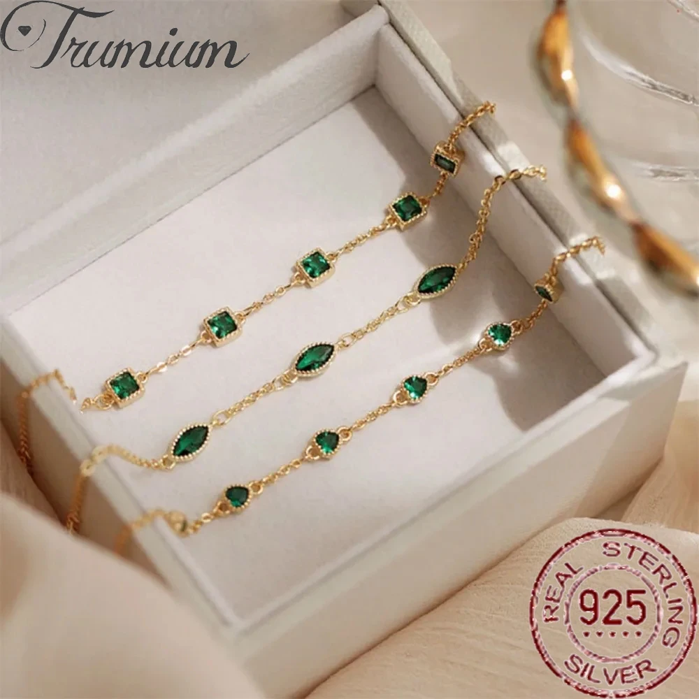 

Trumium S925 Sterling Silver 18K Gold Plated Square Emerald Zircon Bracelet for Women Vintage Hearts Bracelet Wedding Jewelry