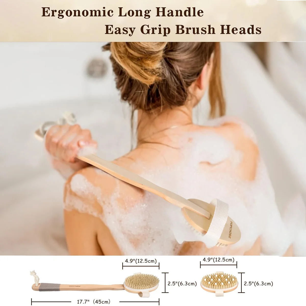 فرشاة الجسم بالفرشاة الجافة - مجموعة فرش جافة ذات شعيرات طبيعية مع فرشاة خشبية طويلة المقبض للتصريف اللمفاوي والتقشير #4