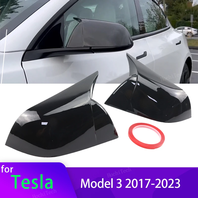 Car ABS Paste Side Door Mirror Cover for Tesla Model 3 Model3 2021-2024 Horn Bright Black Auto Exterior Sides Rearview Cover