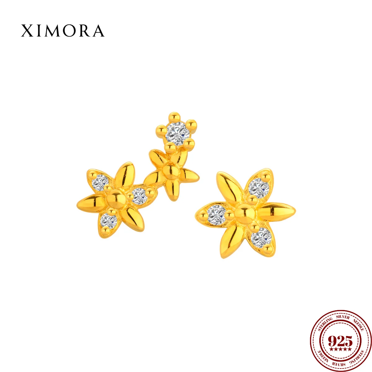 

XIMORA S925 Sterling Silver Diamond-Studded Asymmetrical Six-Petaled Flower Stud EarringsWomen Minimalist Floral Fashion Jewelry