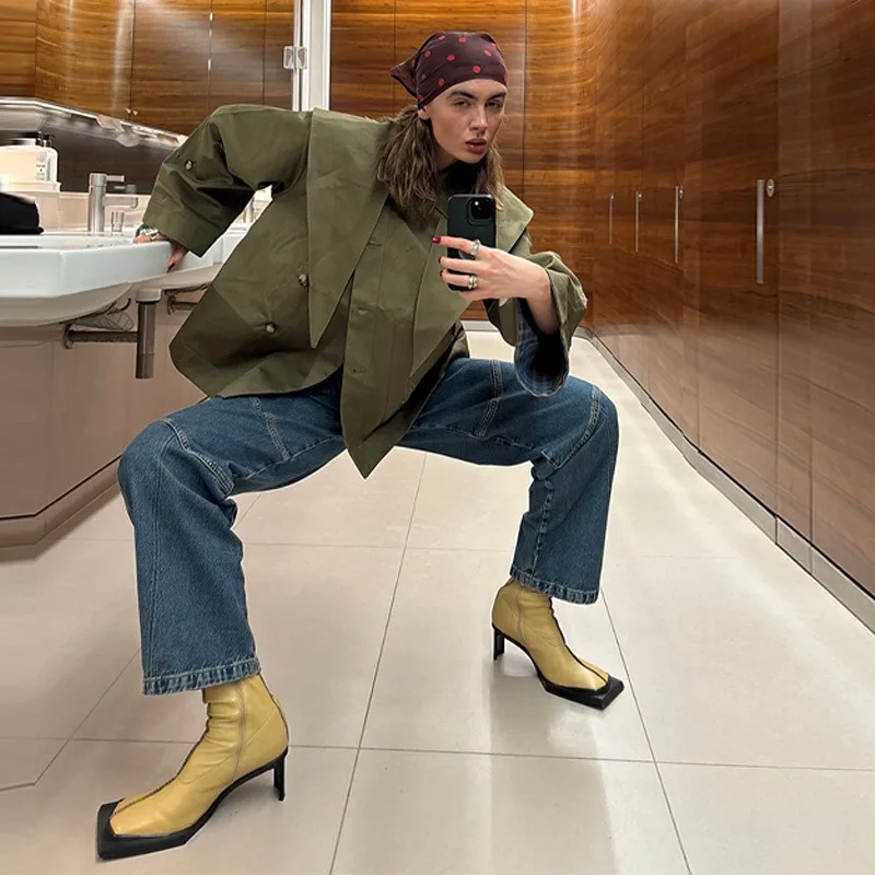 Dwustronna kurtka w kratę FL Fashion, damska, luźna, z klapami, długi rękaw, zapinana na jeden guzik, z kieszeniami, nowa kolekcja jesień 2026, streetwear dla kobiet.