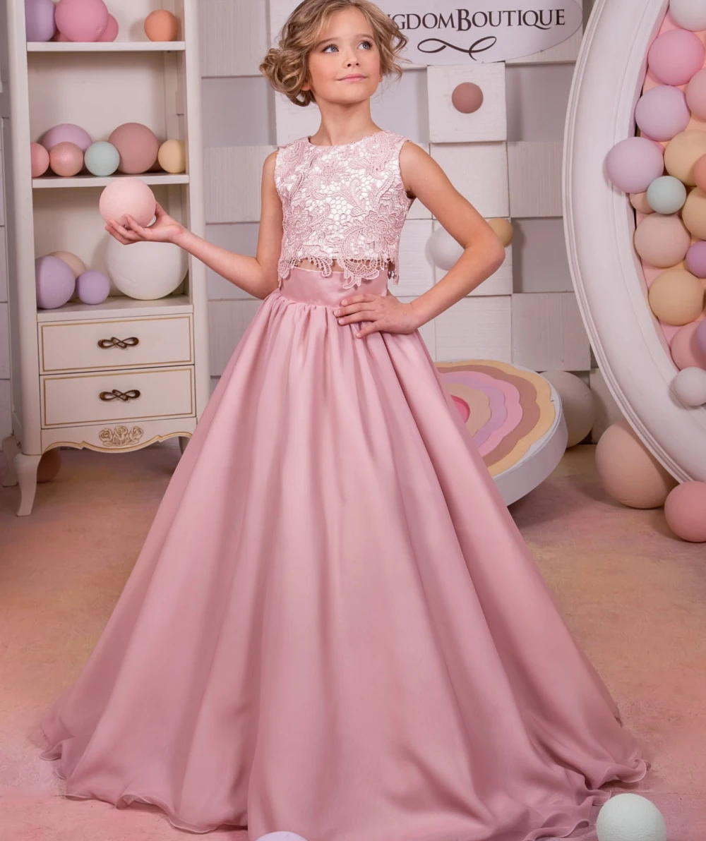 Lorencia zwei Stücke rosa Blumen mädchen Kleid für Hochzeiten Applique Spitze Erstkommunion Party kleid Kinder Festzug Kleid yfd040