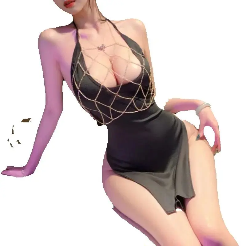 

Sexy U Neck Halter Bandage Dress Women Low Cut Backless Nightdress Party Club Outfits See Through Role Play Chain Underwear Girl
