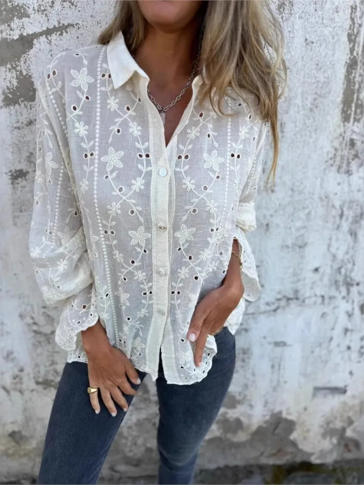 

Women Fashion White Shirt Top Casual Long Sleeve Hook Flower Hollow Shirts Tops Lady Elegant Office Holiday Top Femme Spring New