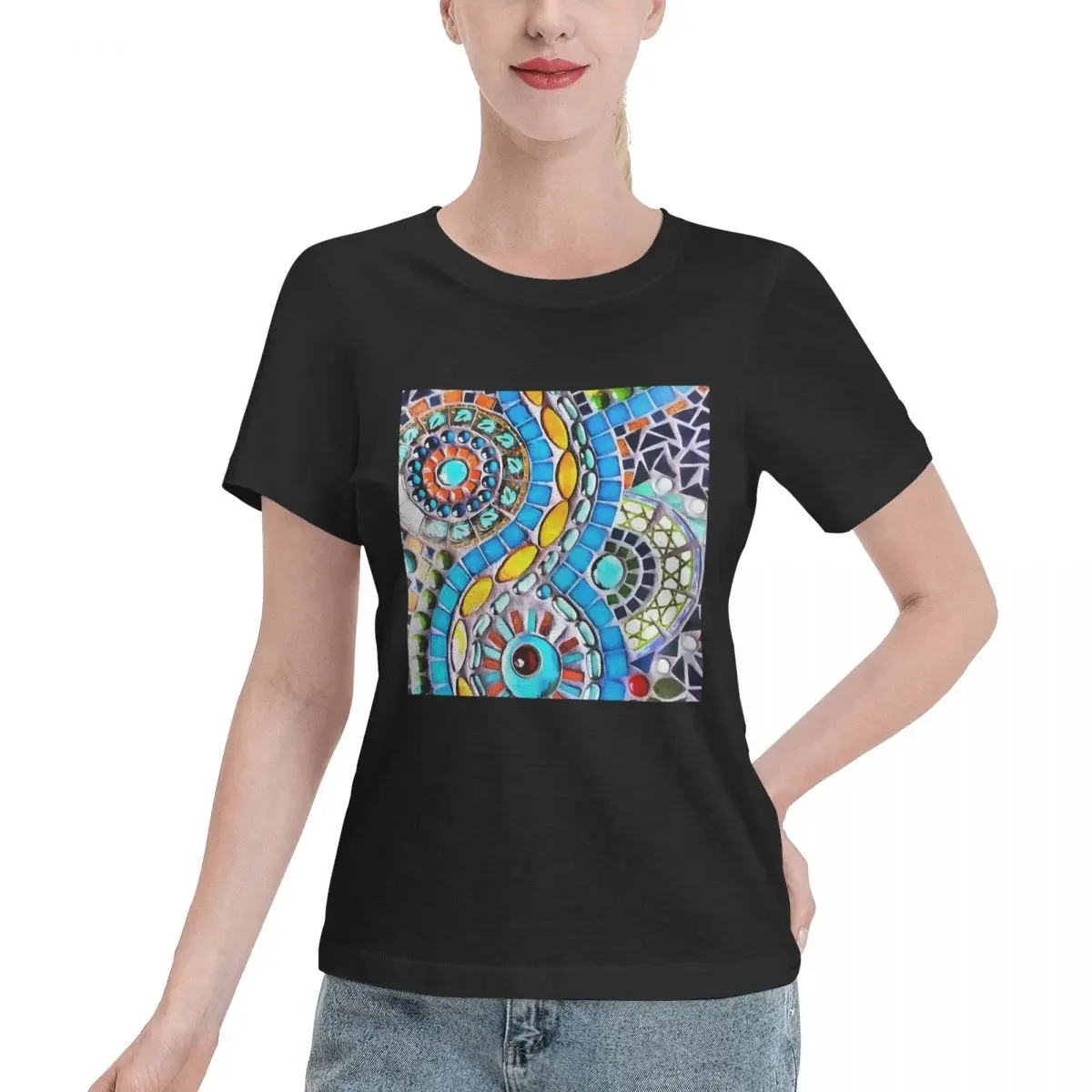 Camiseta Gaudi Barselona con mosaico para mujer, camisetas de manga corta con cuello redondo, ropa de calle de algodón, camisetas de verano, ropa de calle