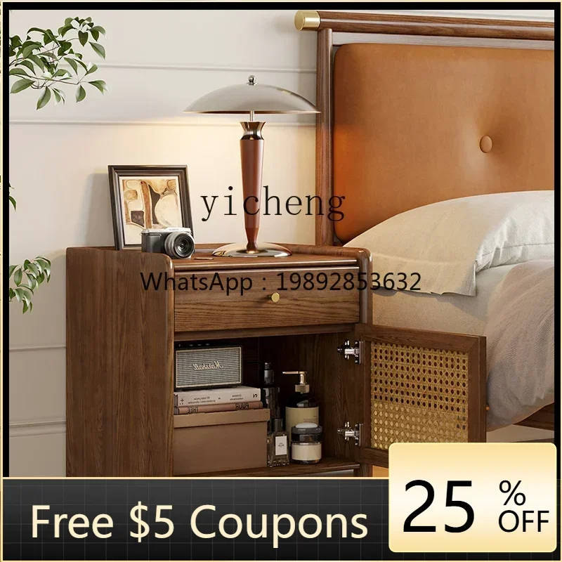 

AA Nordic Bedside Table Rattan Modern Simple White Ash Wood Storage Cabinet Safe