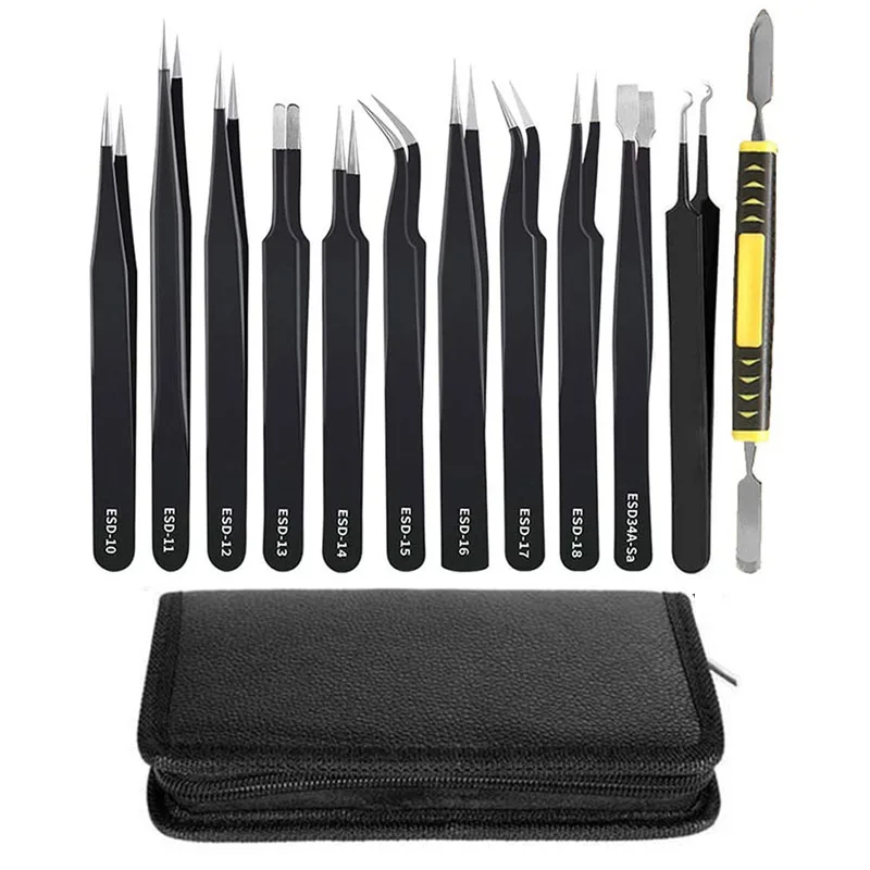 

12Pcs/set ESD Tweezers Tools Kit Stainless Steel Anti-static Curved Straight Precision Tweezers With Bag Maintenance Repair Tool