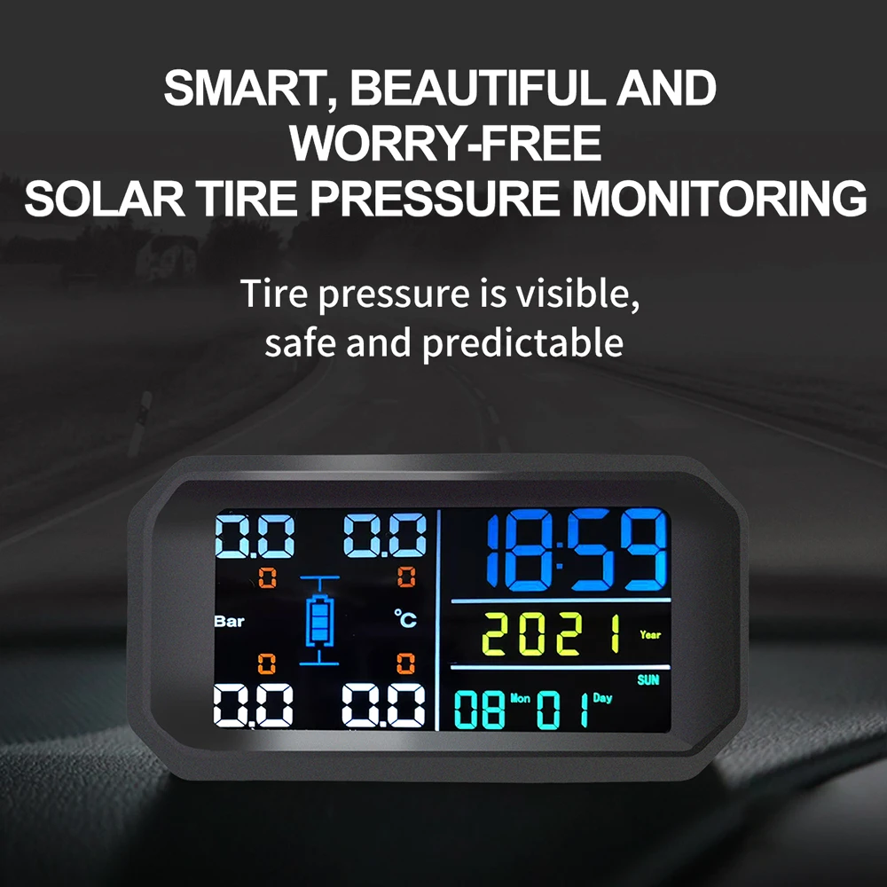 Solar TPMS Car Tire Pressure Monitoring System Solar/USB Charging LCD Display Tire Pressure Security Alarm 4 External Sensor