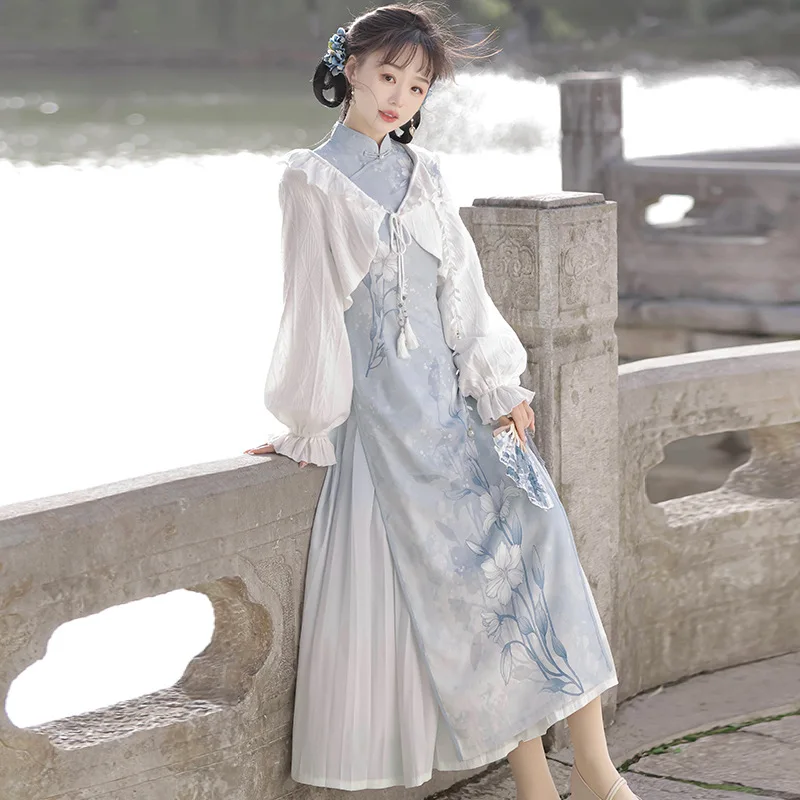 Frost Falling Chinese Style Improved Han Element Women's Top Qipao Dress Half Skirt Set Sweet Art Retro Lolita Party Dress