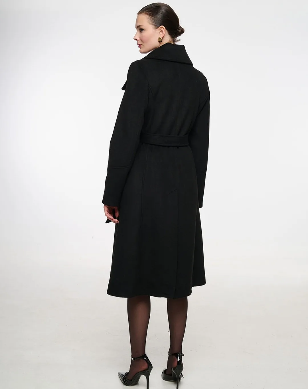 Vintage Black Stand Collar Women Woolen Coat Plus Size Long Overcoat Jacket With Belt Customized Formal Wear Warm Thick Outfit