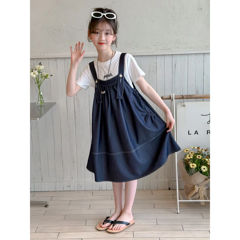 

Summer girls' short sleevestT-shirt suspender dress children's clothing girls' thin denim skirt two-piece set